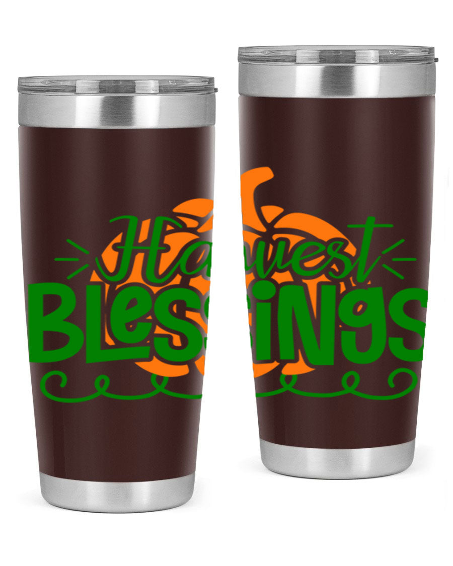 Harvest Blessings 20oz tumbler featuring double wall vacuum stainless steel and a stylish design, perfect for hot and cold beverages.