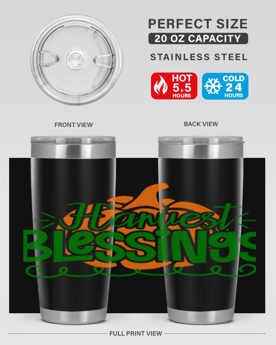 Harvest Blessings 20oz tumbler featuring double wall vacuum stainless steel and a stylish design, perfect for hot and cold beverages.