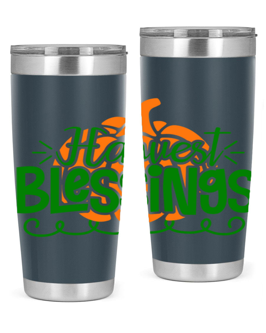 Harvest Blessings 20oz tumbler featuring double wall vacuum stainless steel and a stylish design, perfect for hot and cold beverages.