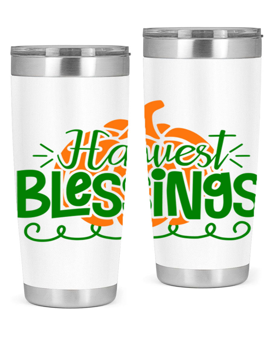 Harvest Blessings 20oz tumbler featuring double wall vacuum stainless steel and a stylish design, perfect for hot and cold beverages.