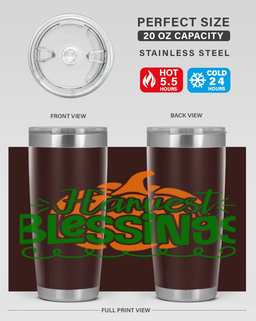 Harvest Blessings 20oz tumbler featuring double wall vacuum stainless steel and a stylish design, perfect for hot and cold beverages.