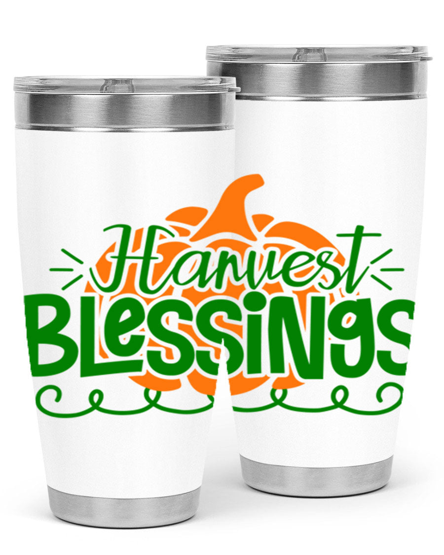 Harvest Blessings 20oz tumbler featuring double wall vacuum stainless steel and a stylish design, perfect for hot and cold beverages.