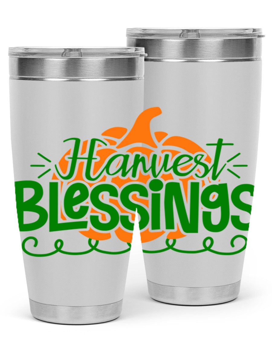 Harvest Blessings 20oz tumbler featuring double wall vacuum stainless steel and a stylish design, perfect for hot and cold beverages.