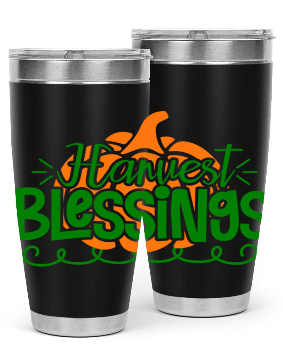 Harvest Blessings 20oz tumbler featuring double wall vacuum stainless steel and a stylish design, perfect for hot and cold beverages.