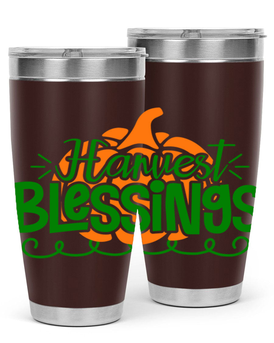 Harvest Blessings 20oz tumbler featuring double wall vacuum stainless steel and a stylish design, perfect for hot and cold beverages.