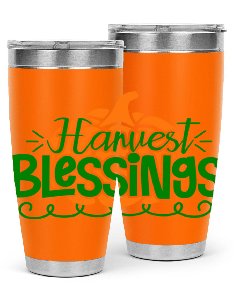 Harvest Blessings 20oz tumbler featuring double wall vacuum stainless steel and a stylish design, perfect for hot and cold beverages.
