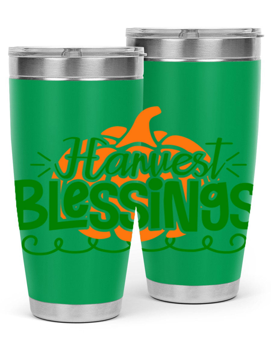 Harvest Blessings 20oz tumbler featuring double wall vacuum stainless steel and a stylish design, perfect for hot and cold beverages.