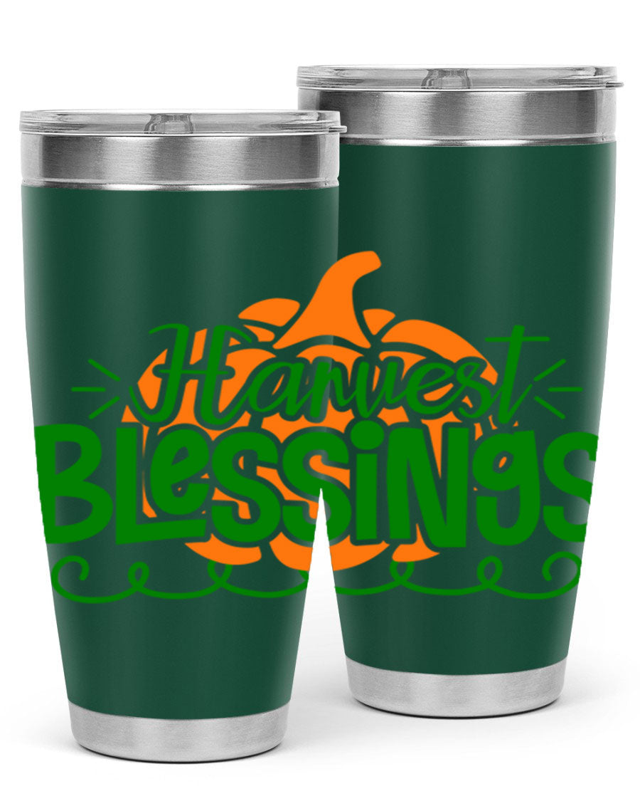 Harvest Blessings 20oz tumbler featuring double wall vacuum stainless steel and a stylish design, perfect for hot and cold beverages.