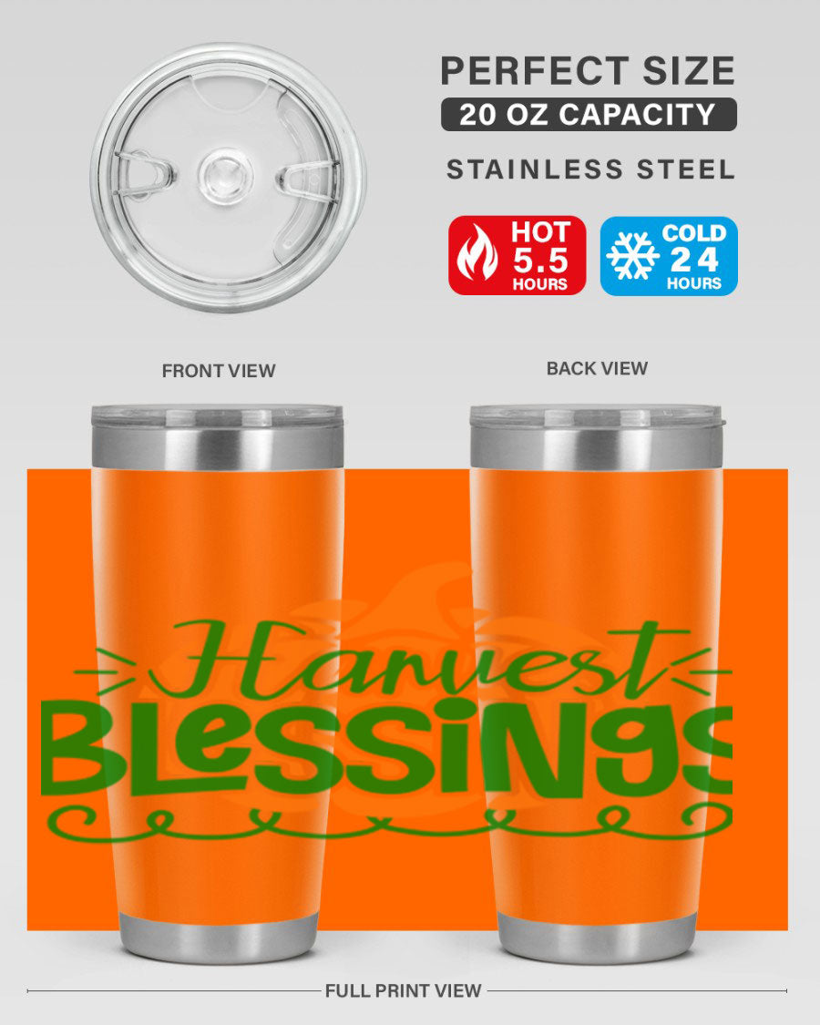 Harvest Blessings 20oz tumbler featuring double wall vacuum stainless steel and a stylish design, perfect for hot and cold beverages.