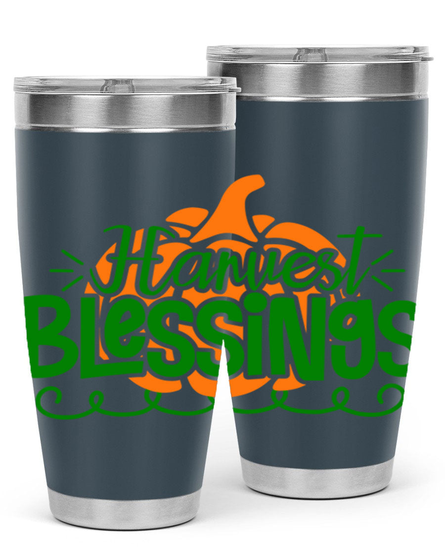 Harvest Blessings 20oz tumbler featuring double wall vacuum stainless steel and a stylish design, perfect for hot and cold beverages.