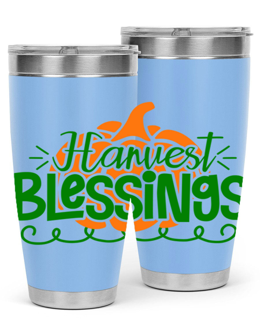 Harvest Blessings 20oz tumbler featuring double wall vacuum stainless steel and a stylish design, perfect for hot and cold beverages.