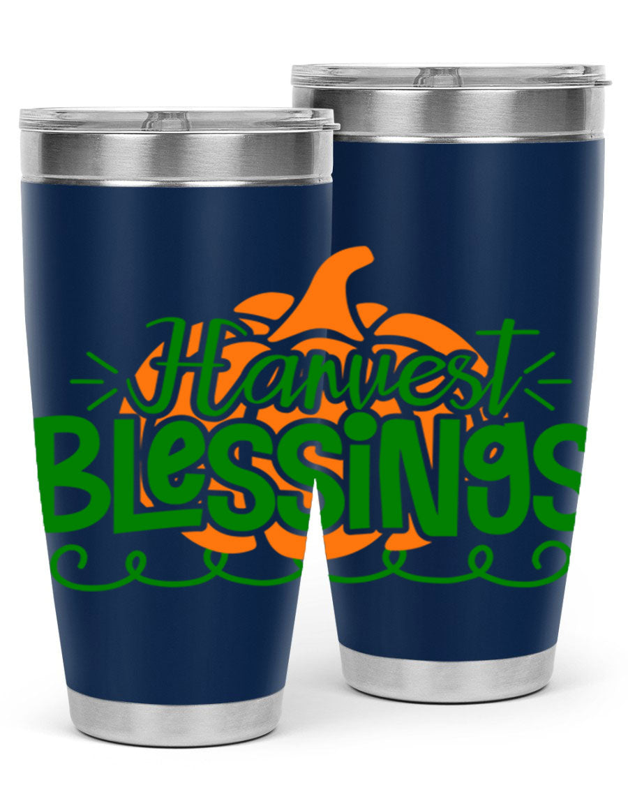 Harvest Blessings 20oz tumbler featuring double wall vacuum stainless steel and a stylish design, perfect for hot and cold beverages.