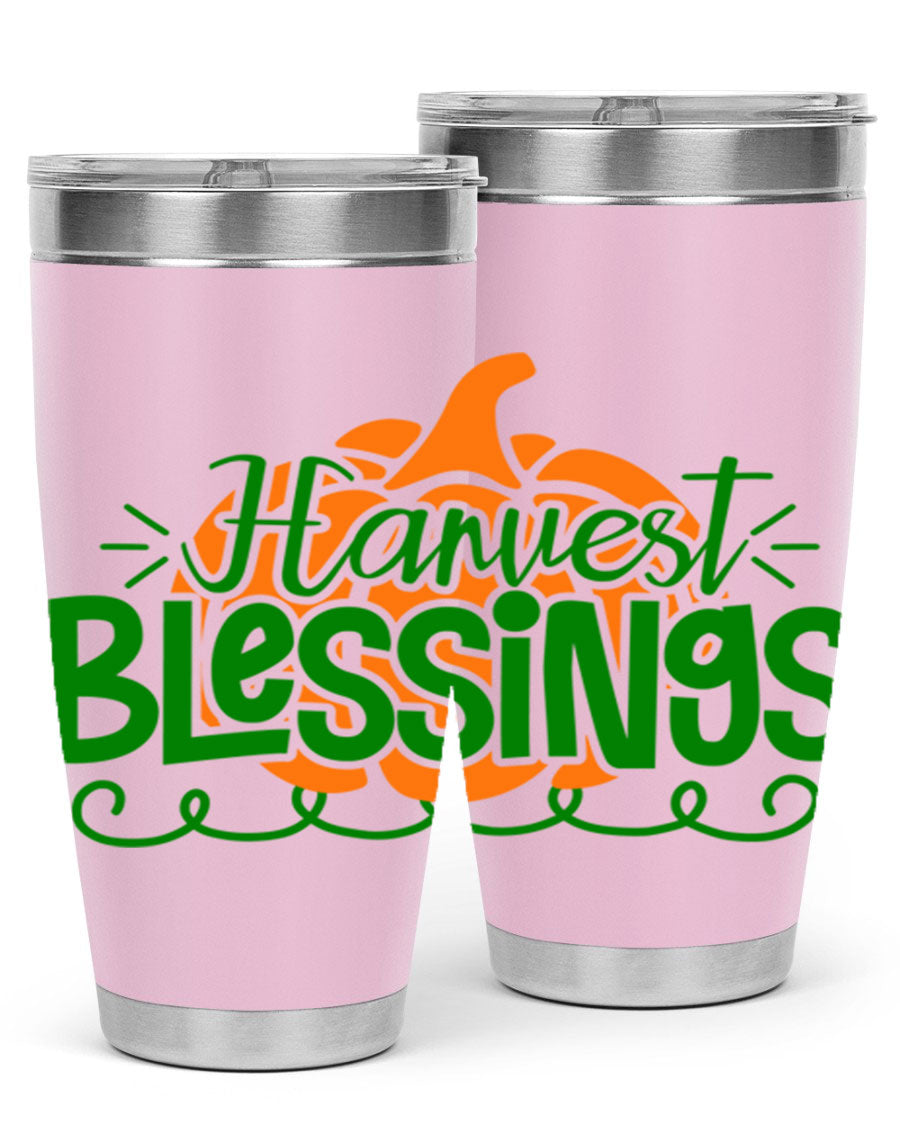 Harvest Blessings 20oz tumbler featuring double wall vacuum stainless steel and a stylish design, perfect for hot and cold beverages.