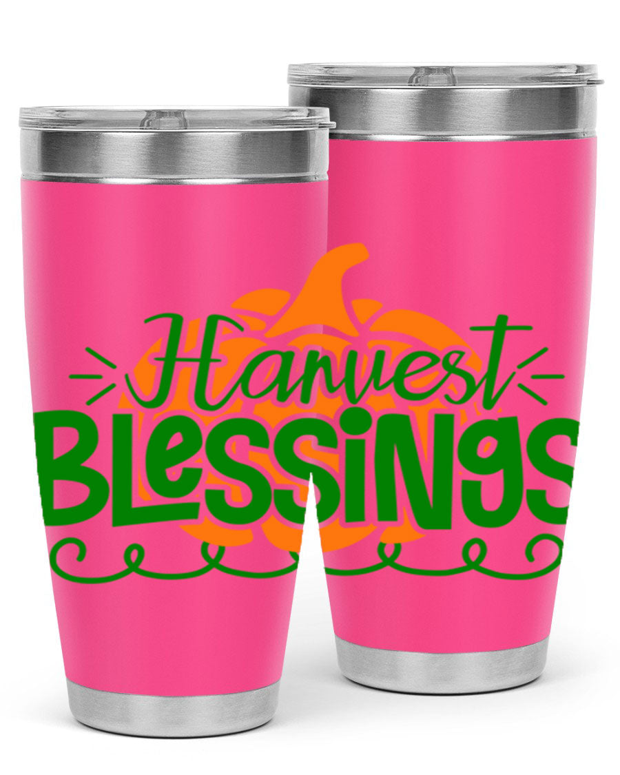 Harvest Blessings 20oz tumbler featuring double wall vacuum stainless steel and a stylish design, perfect for hot and cold beverages.