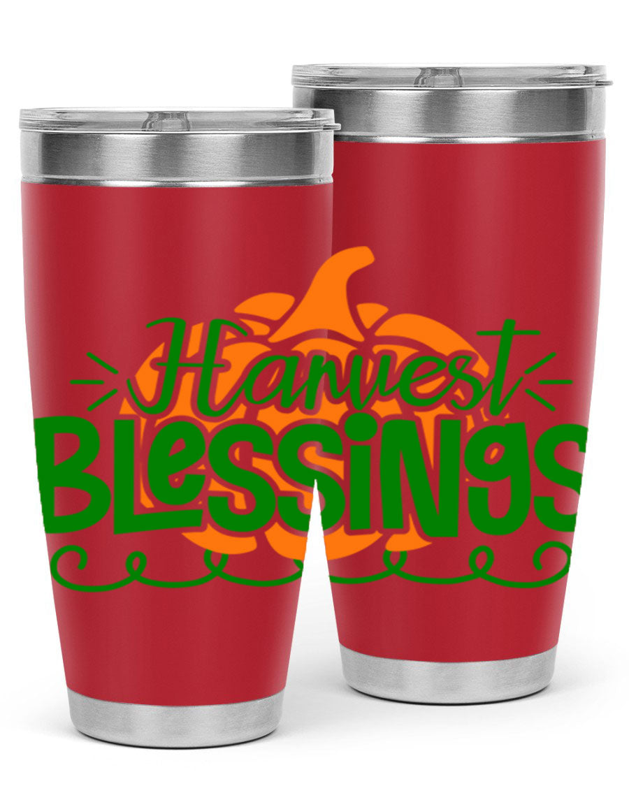Harvest Blessings 20oz tumbler featuring double wall vacuum stainless steel and a stylish design, perfect for hot and cold beverages.