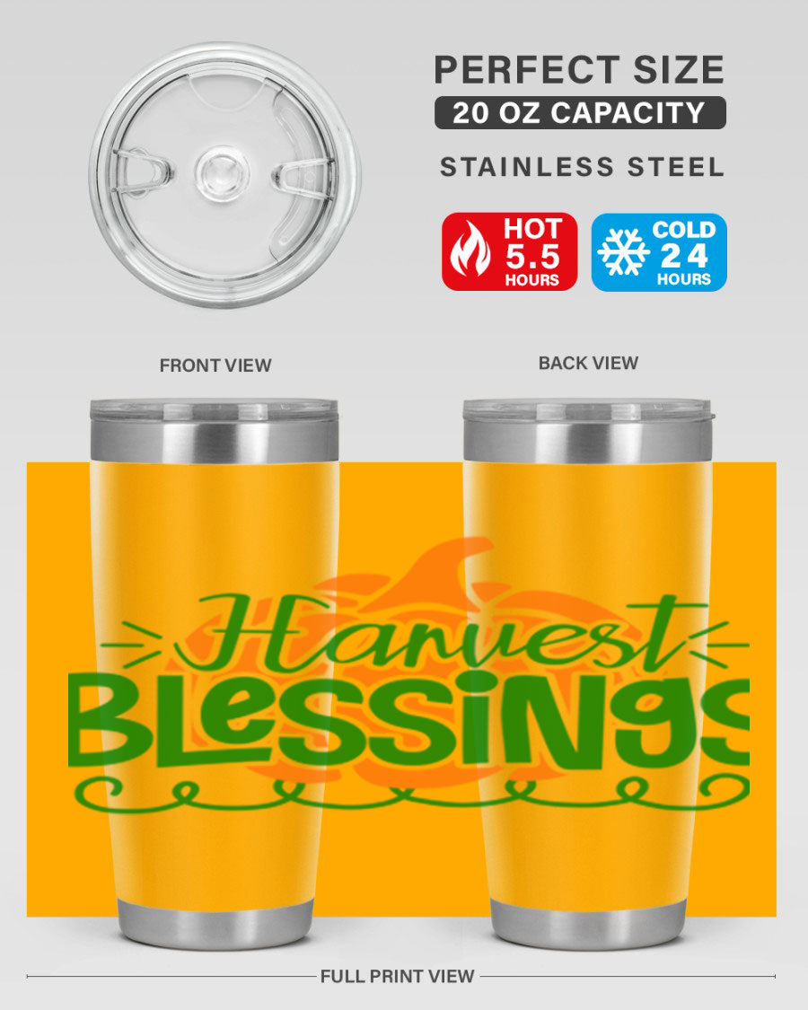 Harvest Blessings 20oz tumbler featuring double wall vacuum stainless steel and a stylish design, perfect for hot and cold beverages.