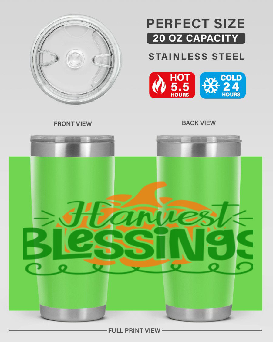 Harvest Blessings 20oz tumbler featuring double wall vacuum stainless steel and a stylish design, perfect for hot and cold beverages.