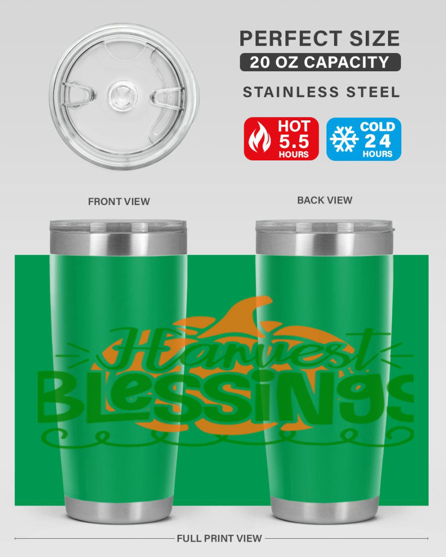 Harvest Blessings 20oz tumbler featuring double wall vacuum stainless steel and a stylish design, perfect for hot and cold beverages.