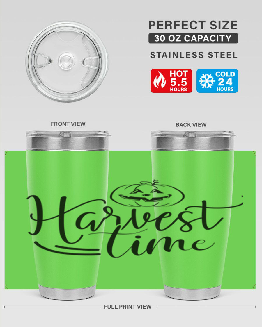 Harvest Time 267# Fall Tumbler in stainless steel with a copper lining, featuring a press-in drink-thru lid, ideal for hot and cold beverages.