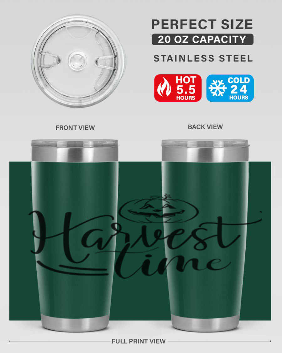 Harvest Time 267# Fall Tumbler in stainless steel with a copper lining, featuring a press-in drink-thru lid, ideal for hot and cold beverages.