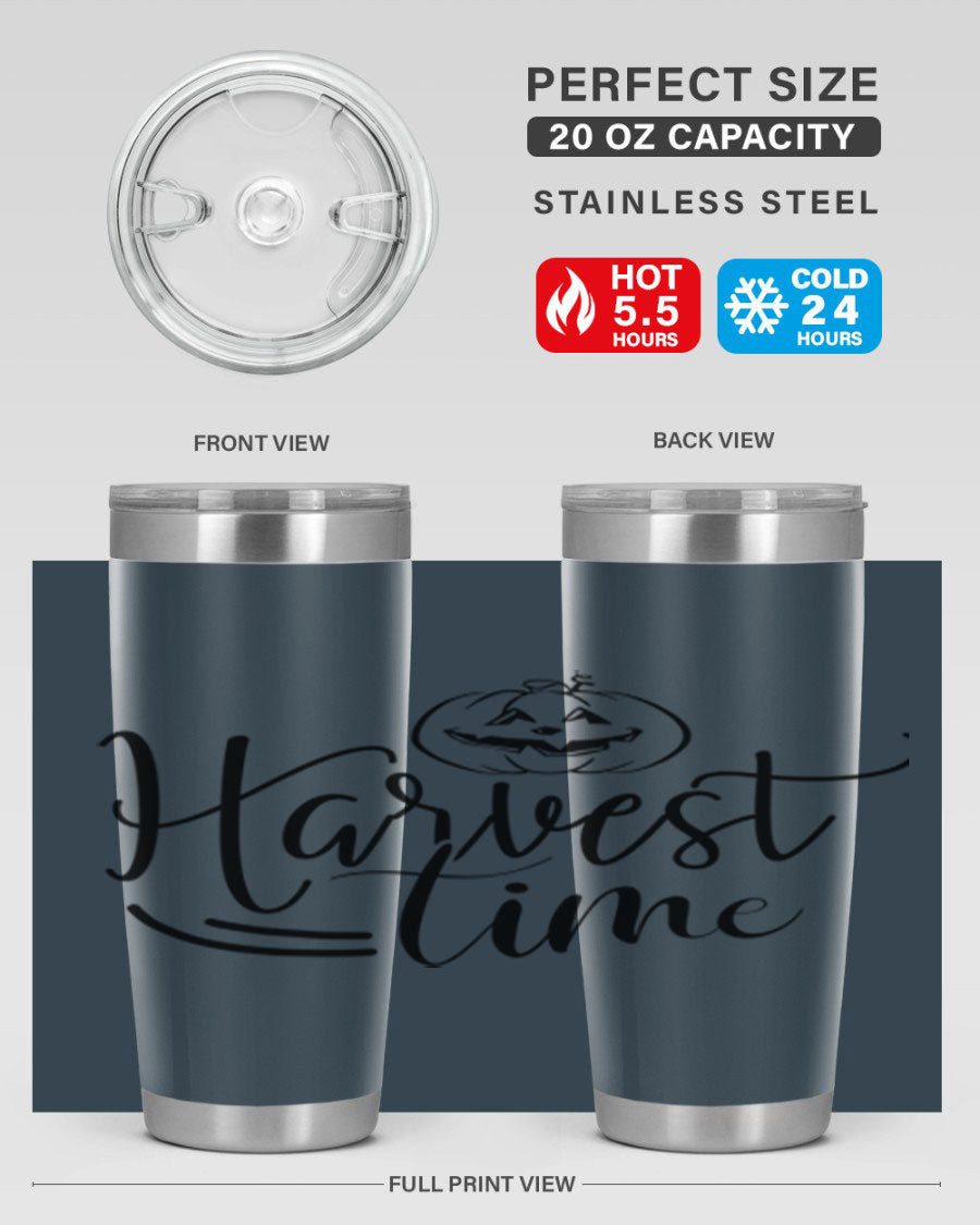 Harvest Time 267# Fall Tumbler in stainless steel with a copper lining, featuring a press-in drink-thru lid, ideal for hot and cold beverages.