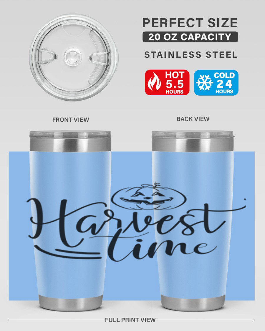 Harvest Time 267# Fall Tumbler in stainless steel with a copper lining, featuring a press-in drink-thru lid, ideal for hot and cold beverages.
