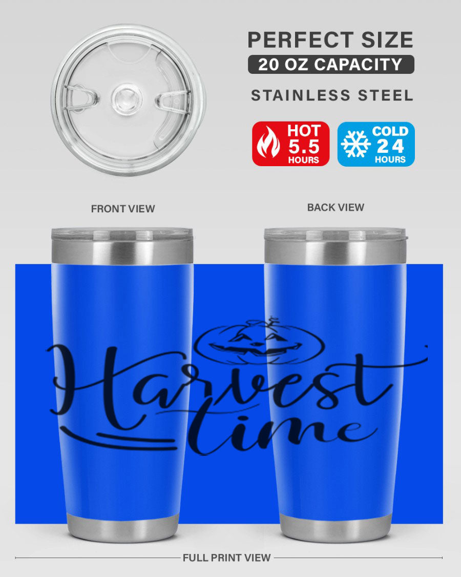 Harvest Time 267# Fall Tumbler in stainless steel with a copper lining, featuring a press-in drink-thru lid, ideal for hot and cold beverages.