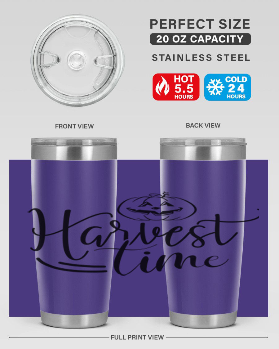 Harvest Time 267# Fall Tumbler in stainless steel with a copper lining, featuring a press-in drink-thru lid, ideal for hot and cold beverages.