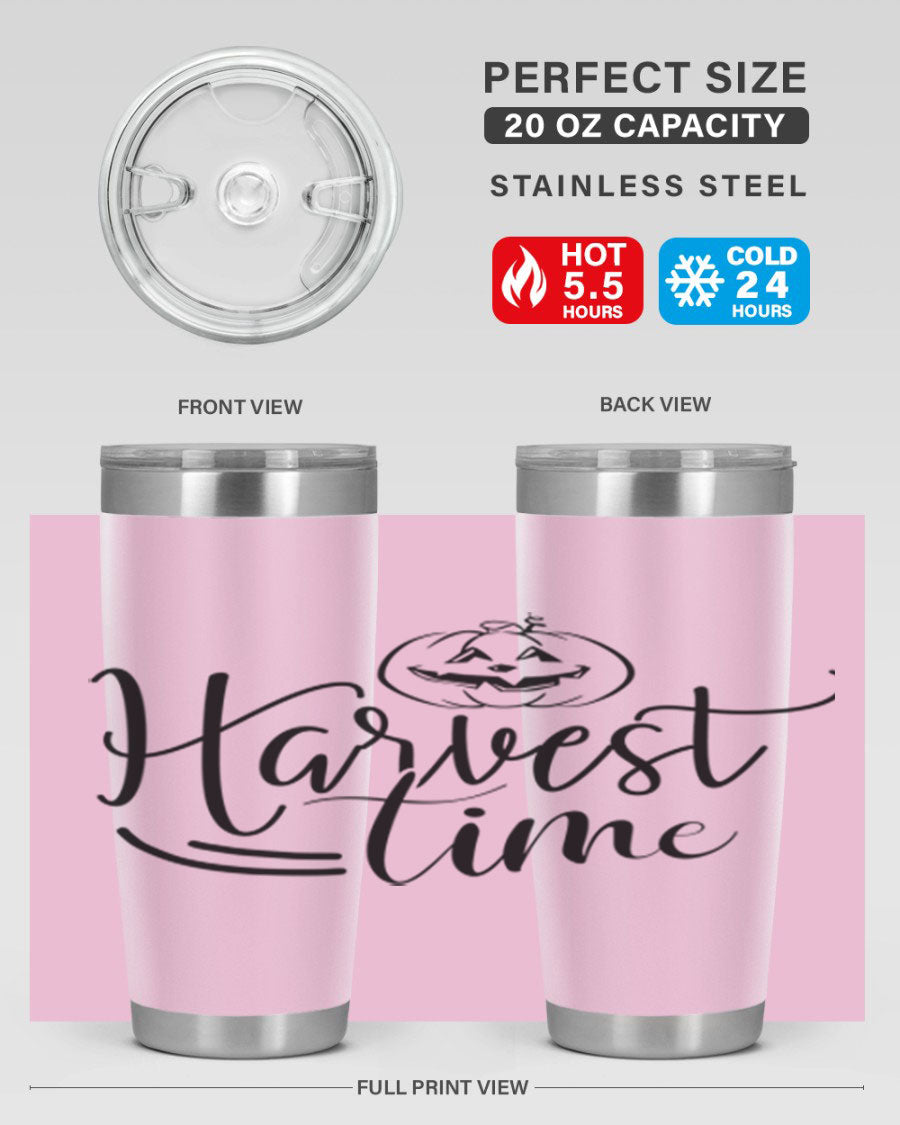 Harvest Time 267# Fall Tumbler in stainless steel with a copper lining, featuring a press-in drink-thru lid, ideal for hot and cold beverages.