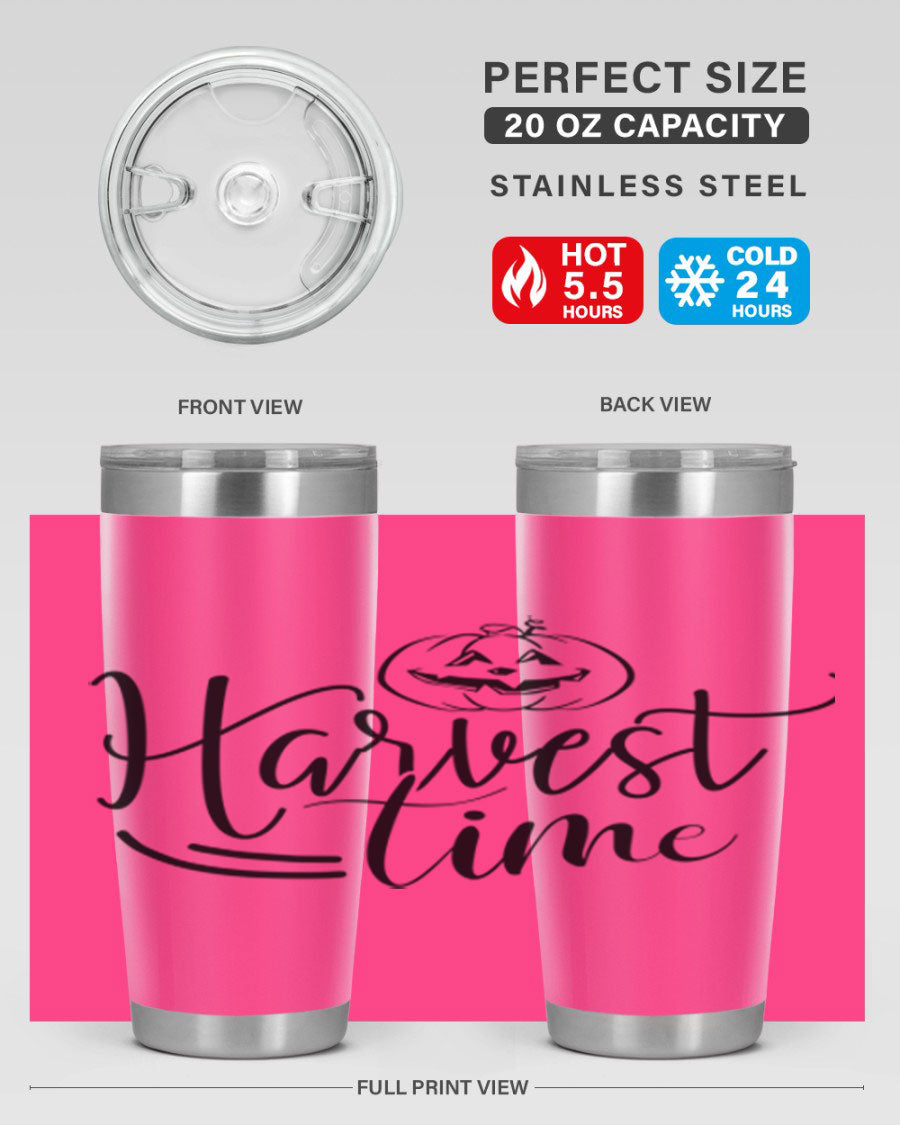 Harvest Time 267# Fall Tumbler in stainless steel with a copper lining, featuring a press-in drink-thru lid, ideal for hot and cold beverages.