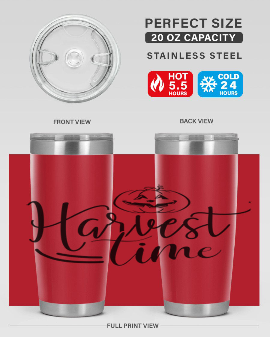 Harvest Time 267# Fall Tumbler in stainless steel with a copper lining, featuring a press-in drink-thru lid, ideal for hot and cold beverages.