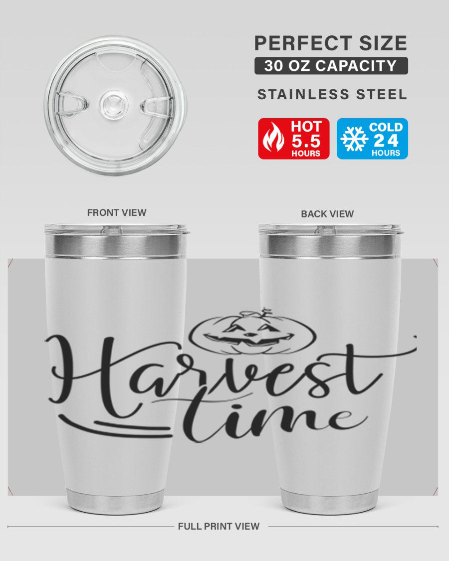 Harvest Time 267# Fall Tumbler in stainless steel with a copper lining, featuring a press-in drink-thru lid, ideal for hot and cold beverages.