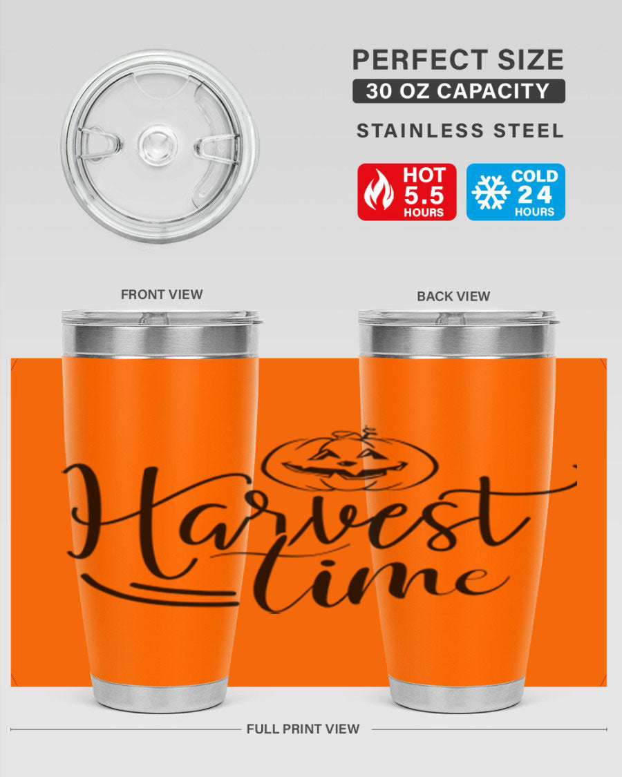 Harvest Time 267# Fall Tumbler in stainless steel with a copper lining, featuring a press-in drink-thru lid, ideal for hot and cold beverages.