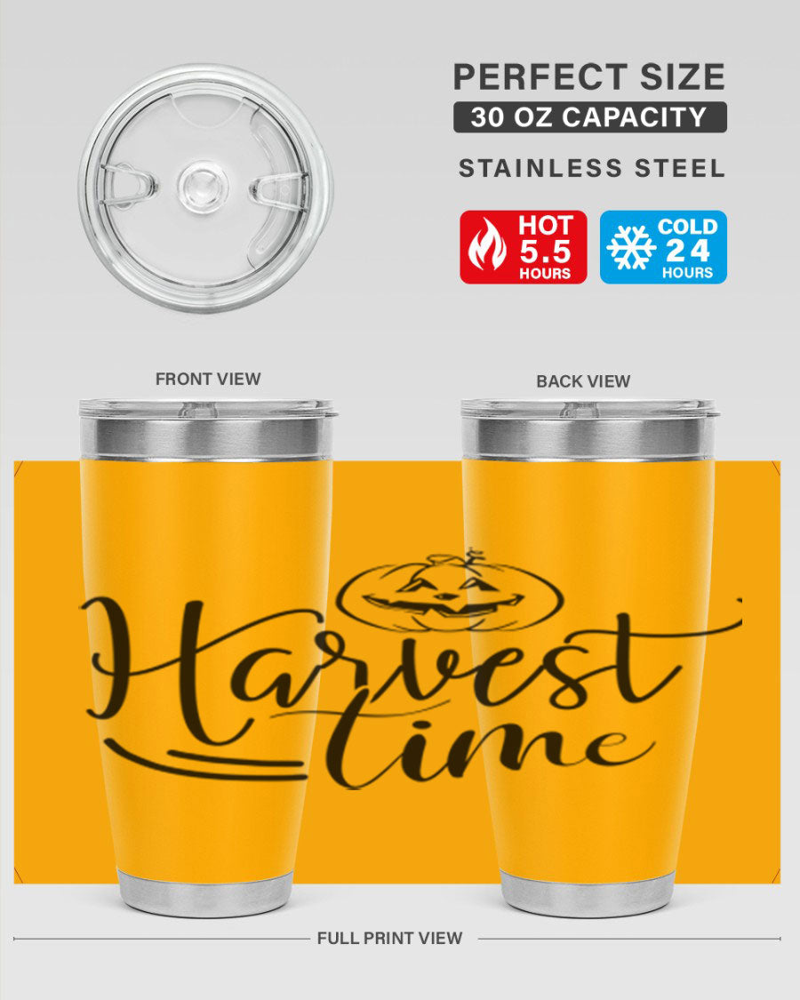 Harvest Time 267# Fall Tumbler in stainless steel with a copper lining, featuring a press-in drink-thru lid, ideal for hot and cold beverages.