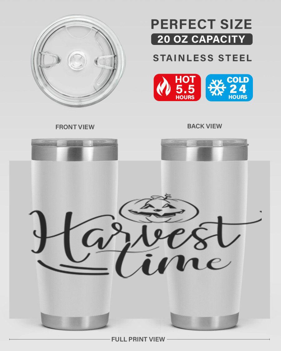Harvest Time 267# Fall Tumbler in stainless steel with a copper lining, featuring a press-in drink-thru lid, ideal for hot and cold beverages.