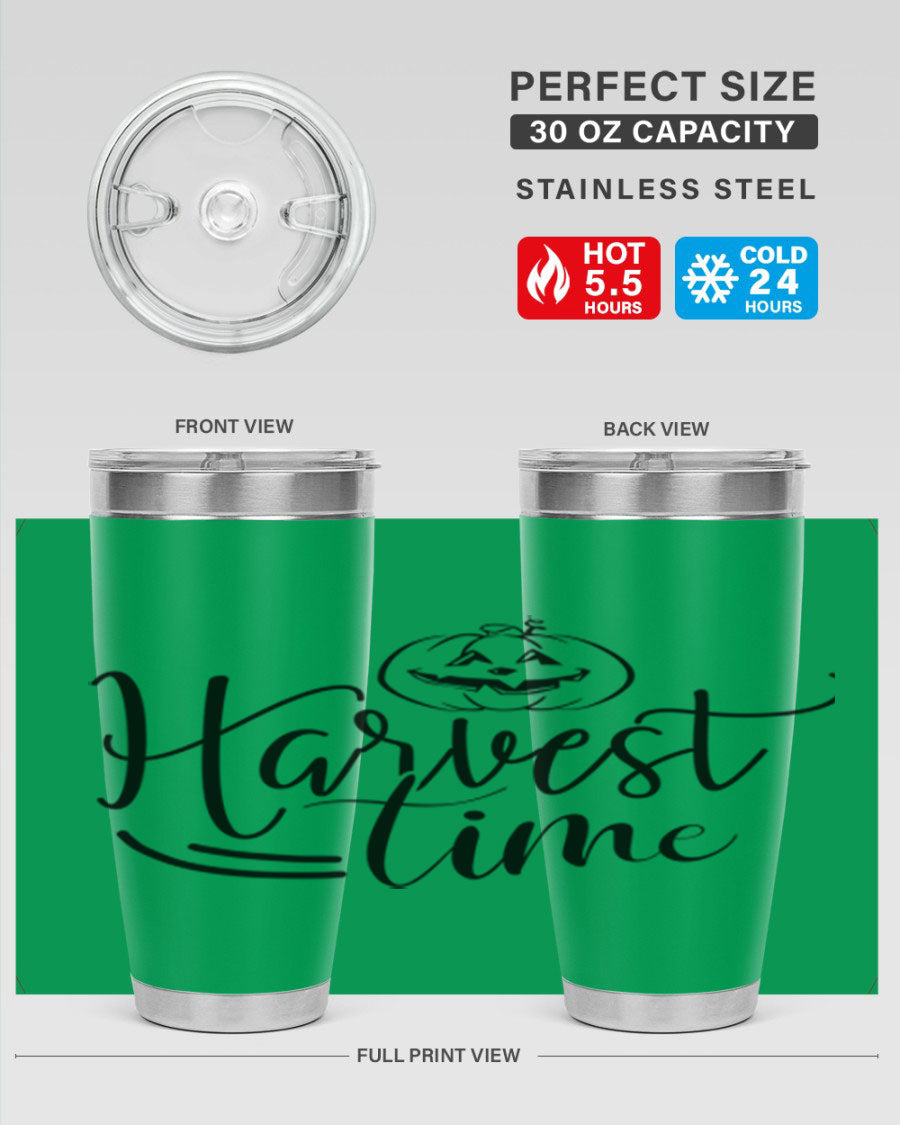Harvest Time 267# Fall Tumbler in stainless steel with a copper lining, featuring a press-in drink-thru lid, ideal for hot and cold beverages.