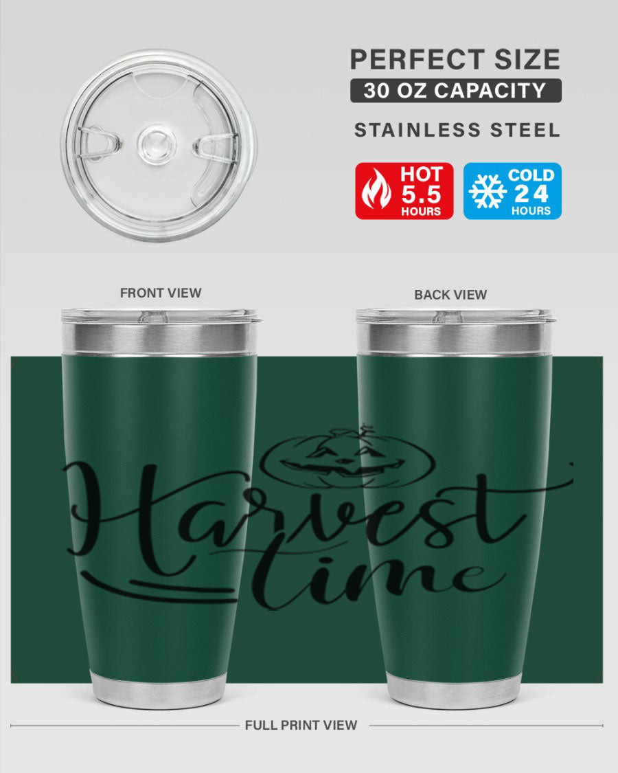 Harvest Time 267# Fall Tumbler in stainless steel with a copper lining, featuring a press-in drink-thru lid, ideal for hot and cold beverages.