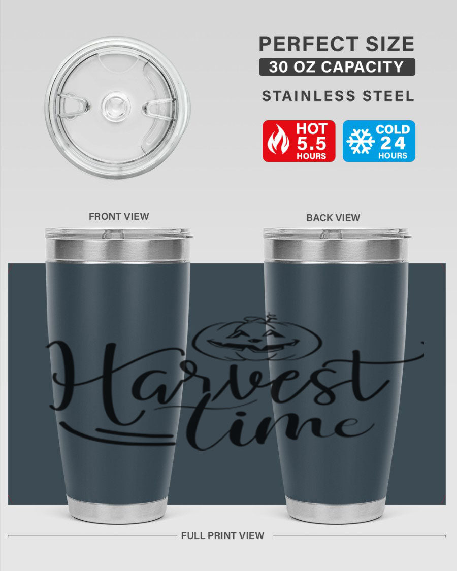 Harvest Time 267# Fall Tumbler in stainless steel with a copper lining, featuring a press-in drink-thru lid, ideal for hot and cold beverages.