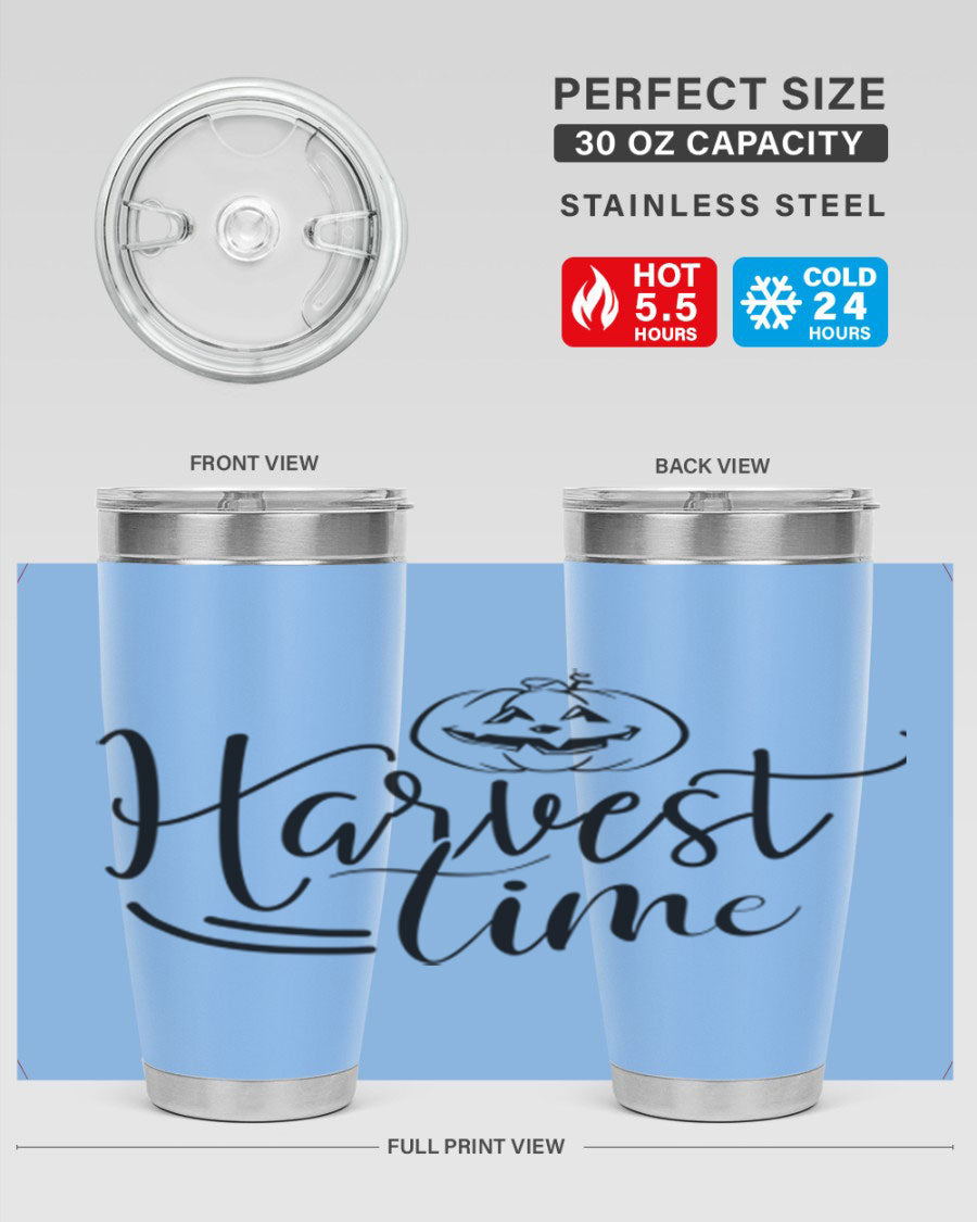 Harvest Time 267# Fall Tumbler in stainless steel with a copper lining, featuring a press-in drink-thru lid, ideal for hot and cold beverages.