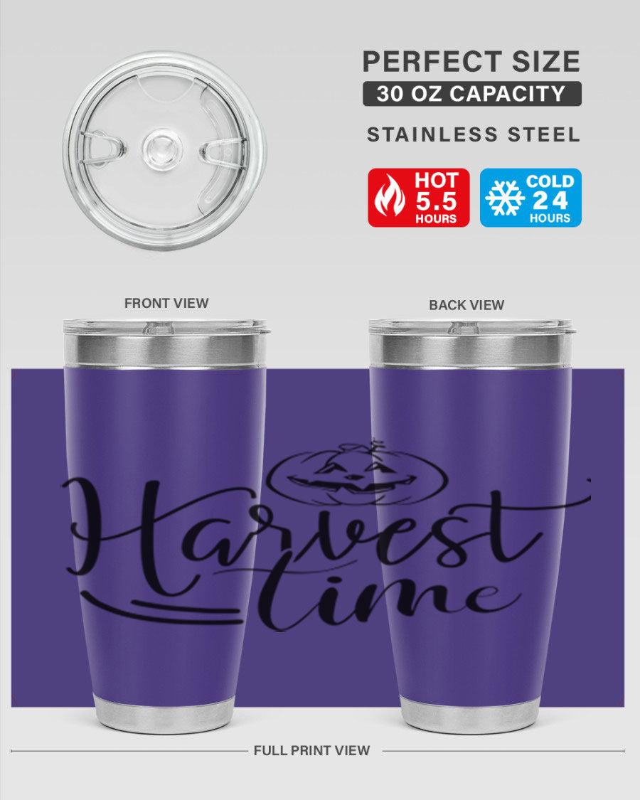 Harvest Time 267# Fall Tumbler in stainless steel with a copper lining, featuring a press-in drink-thru lid, ideal for hot and cold beverages.