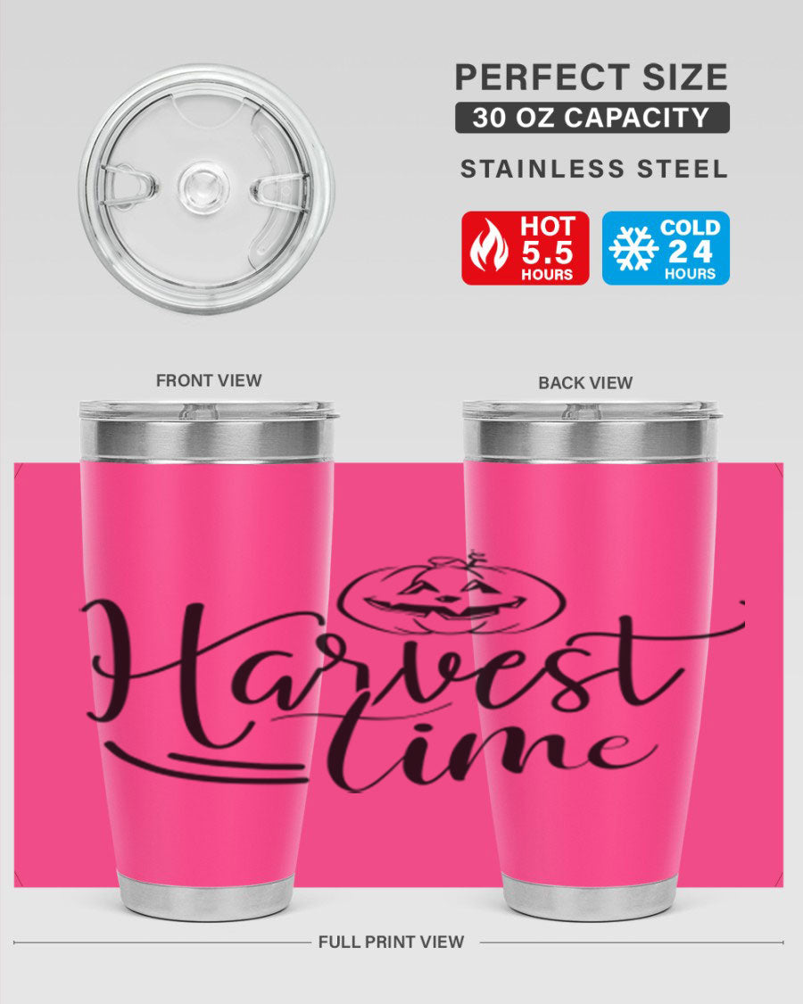 Harvest Time 267# Fall Tumbler in stainless steel with a copper lining, featuring a press-in drink-thru lid, ideal for hot and cold beverages.