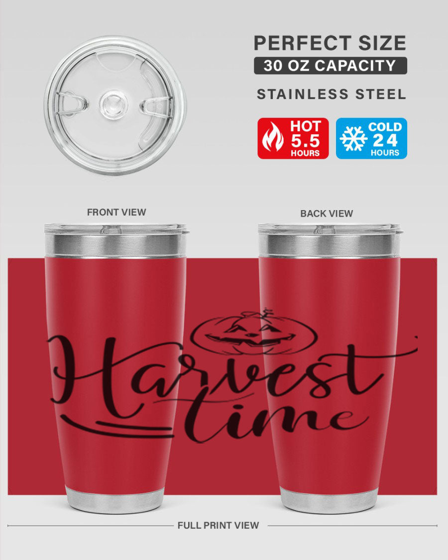 Harvest Time 267# Fall Tumbler in stainless steel with a copper lining, featuring a press-in drink-thru lid, ideal for hot and cold beverages.