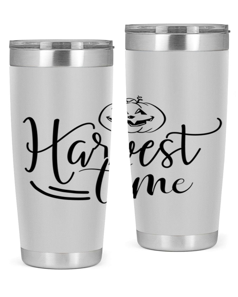 Harvest Time 267# Fall Tumbler in stainless steel with a copper lining, featuring a press-in drink-thru lid, ideal for hot and cold beverages.