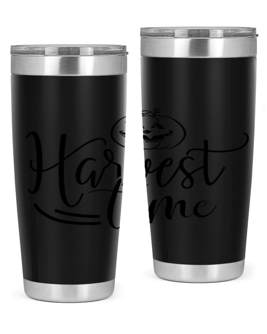 Harvest Time 267# Fall Tumbler in stainless steel with a copper lining, featuring a press-in drink-thru lid, ideal for hot and cold beverages.