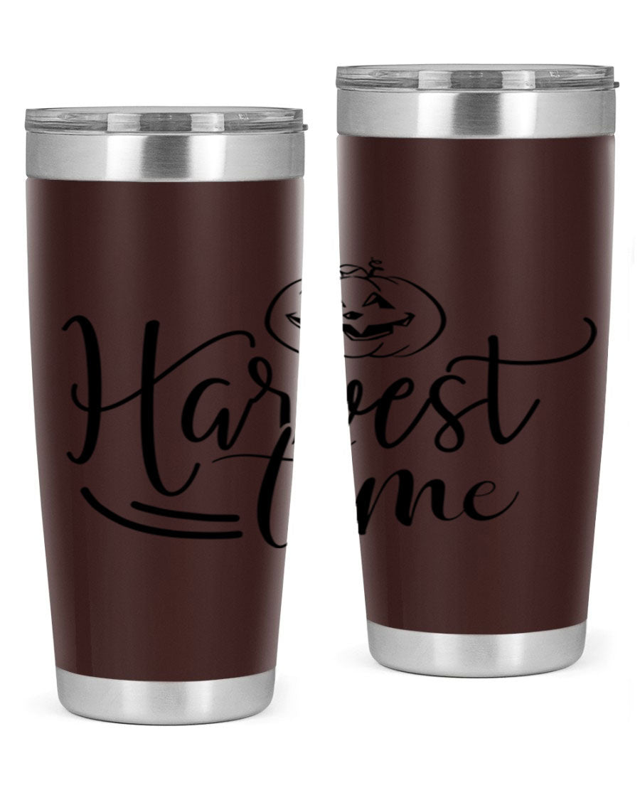 Harvest Time 267# Fall Tumbler in stainless steel with a copper lining, featuring a press-in drink-thru lid, ideal for hot and cold beverages.