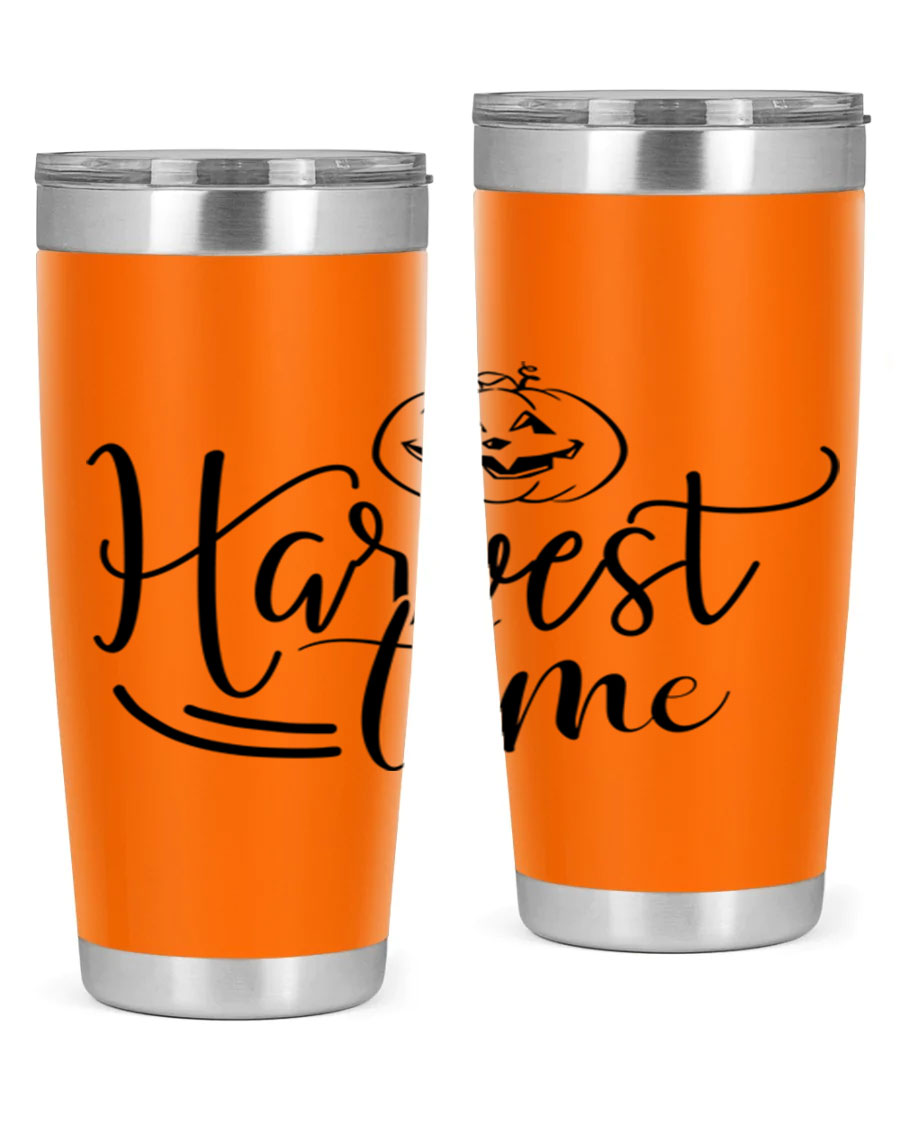 Harvest Time 267# Fall Tumbler in stainless steel with a copper lining, featuring a press-in drink-thru lid, ideal for hot and cold beverages.