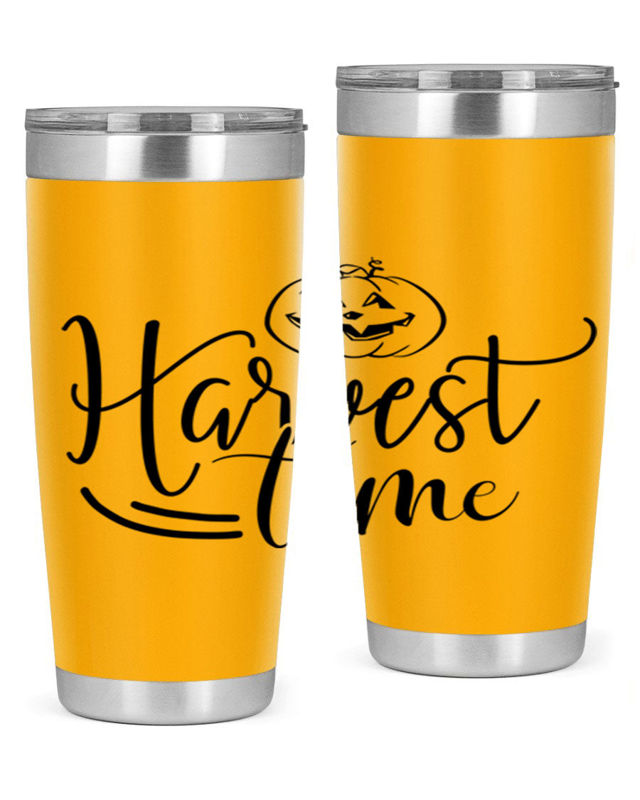 Harvest Time 267# Fall Tumbler in stainless steel with a copper lining, featuring a press-in drink-thru lid, ideal for hot and cold beverages.