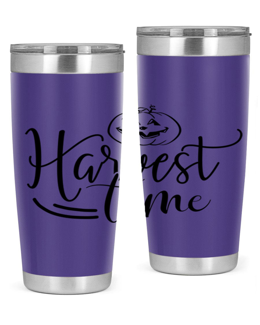 Harvest Time 267# Fall Tumbler in stainless steel with a copper lining, featuring a press-in drink-thru lid, ideal for hot and cold beverages.