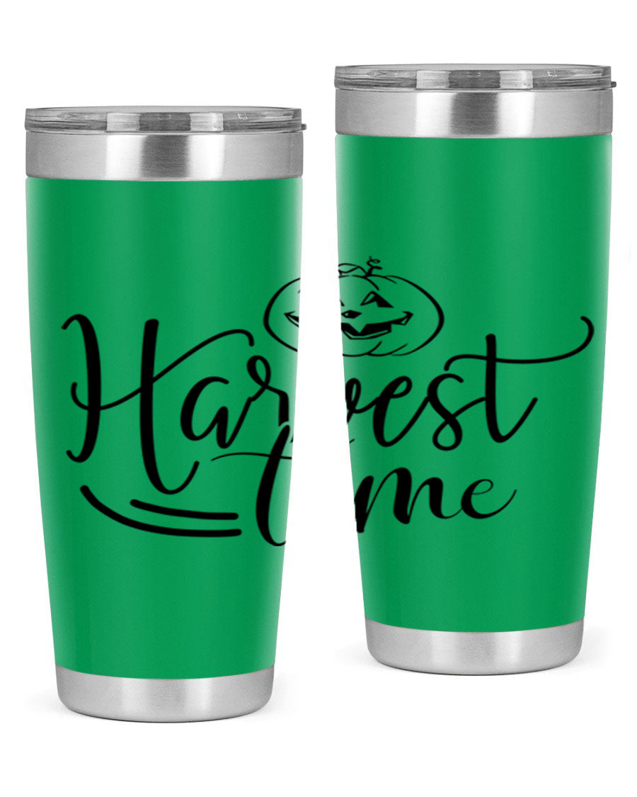 Harvest Time 267# Fall Tumbler in stainless steel with a copper lining, featuring a press-in drink-thru lid, ideal for hot and cold beverages.
