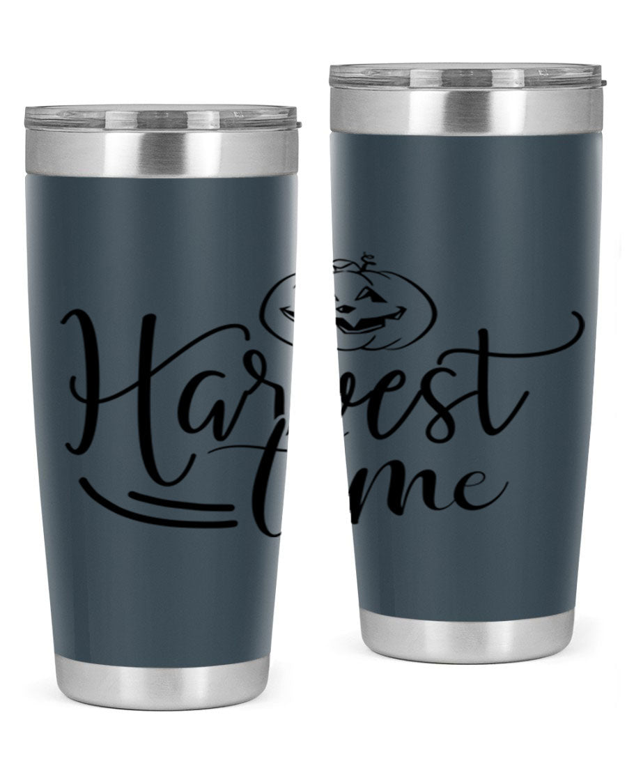 Harvest Time 267# Fall Tumbler in stainless steel with a copper lining, featuring a press-in drink-thru lid, ideal for hot and cold beverages.